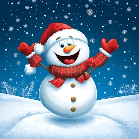 Joyful Snowman with Santa Hat and Scarf in Snowy Scenery