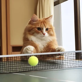 Cute Feline Engaged in Table Tennis