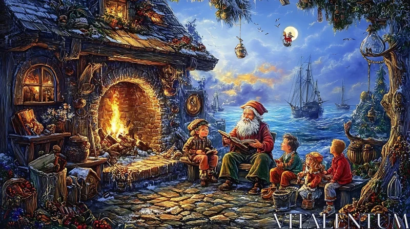 Santa Claus Reading a Christmas Story to Kids