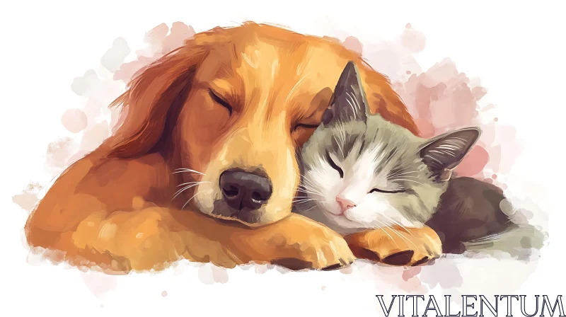 Sleeping Cat and Dog Snuggling in Pastel Illustration