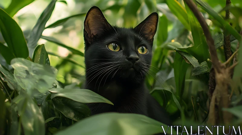 Black Cat Among Green Leaves AI Image