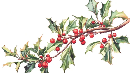 Holly Branch with Glossy Leaves and Red Berries