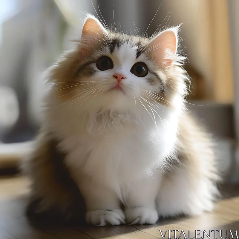 Cute Fluffy Kitten on Wooden Floor