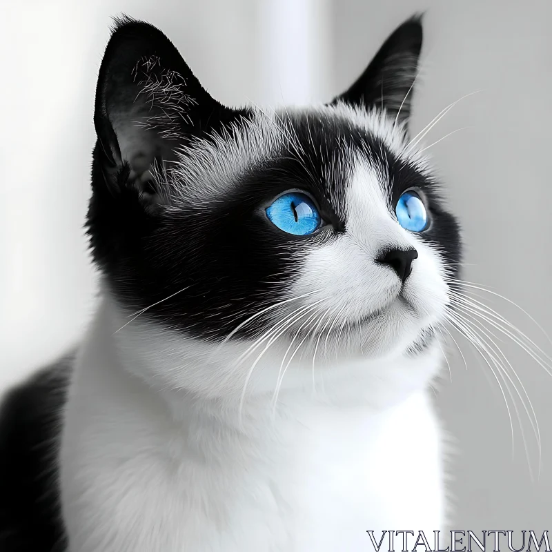 Close-up of Black and White Cat with Blue Eyes