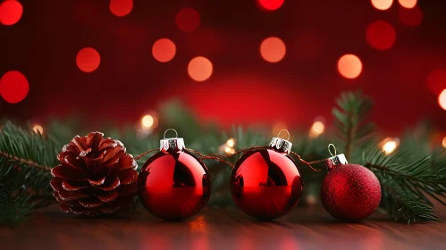 Holiday Scene with Red Ornaments and Pine Needle Sprigs