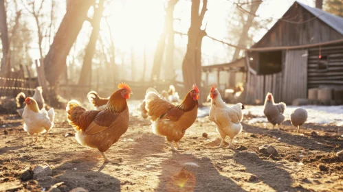 Chickens in a Barnyard: A Serene and Colorful Scene