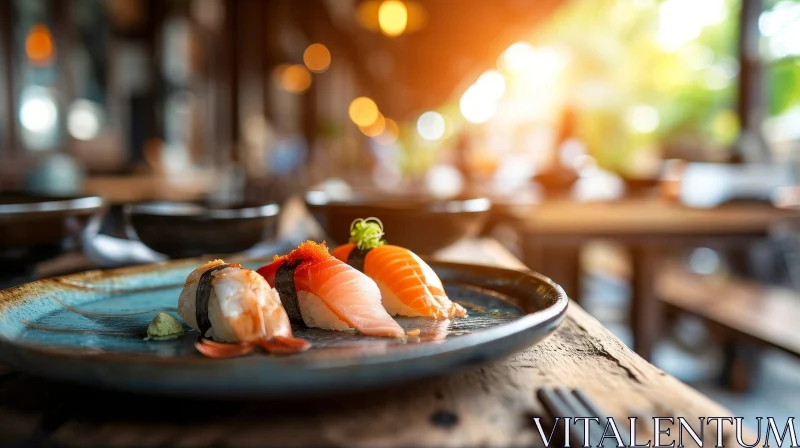 Delicious Sushi on a Wooden Table - Restaurant Scene AI Image