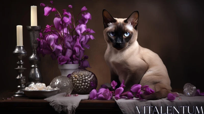 Enigmatic Still Life with Siamese Cat and Elegant Objects AI Image