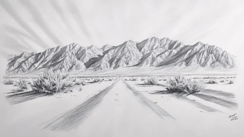Monochrome Sketch Art of Mountains and Desert