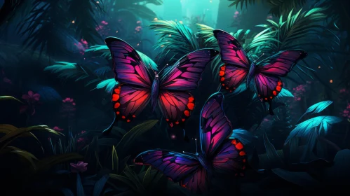 Pink Butterflies in a Nocturnal Jungle: Detailed 2D Game Art Style Illustration