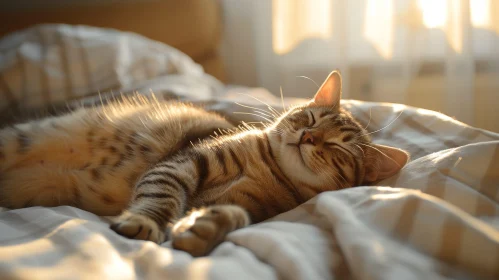 Tabby Cat Sleeping on White Bed