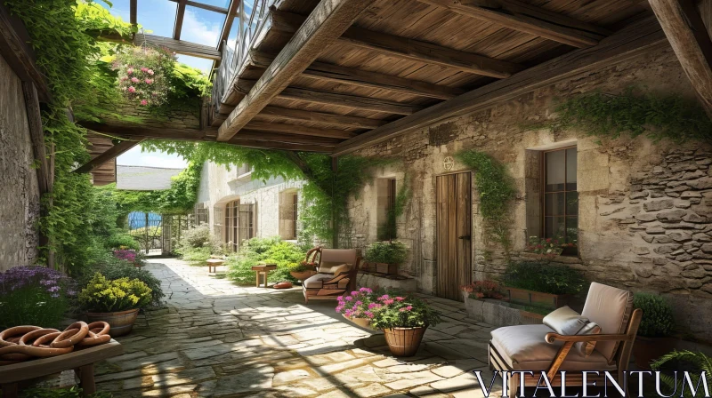 Tranquil Courtyard with Stone Walls and Wooden Roof AI Image