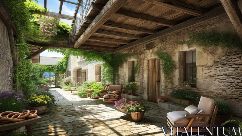 Tranquil Courtyard with Stone Walls and Wooden Roof