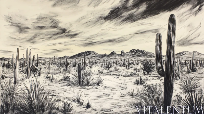 AI ART Monochrome Desert Scene with Cacti and Mountains