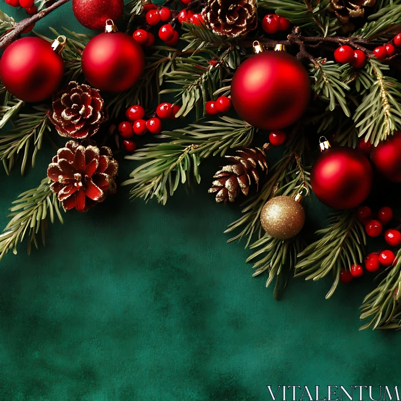 Holiday Greenery with Red Ornaments and Glittering Pinecones AI Image