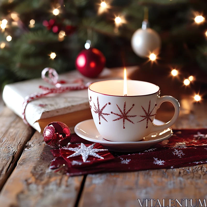 Warm Holiday Candle in Decorative Cup AI Image