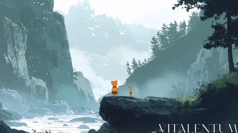 Animals Viewing Misty Mountain Valley AI Image