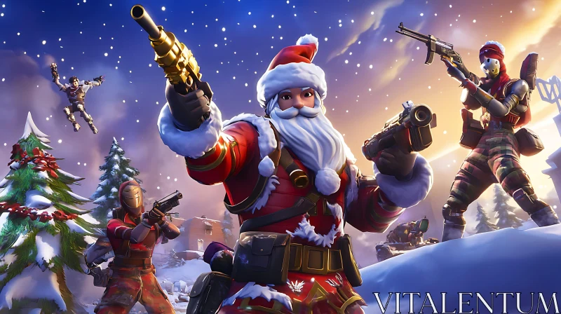 Armed Santa Claus in a Winter Battle Scene AI Image