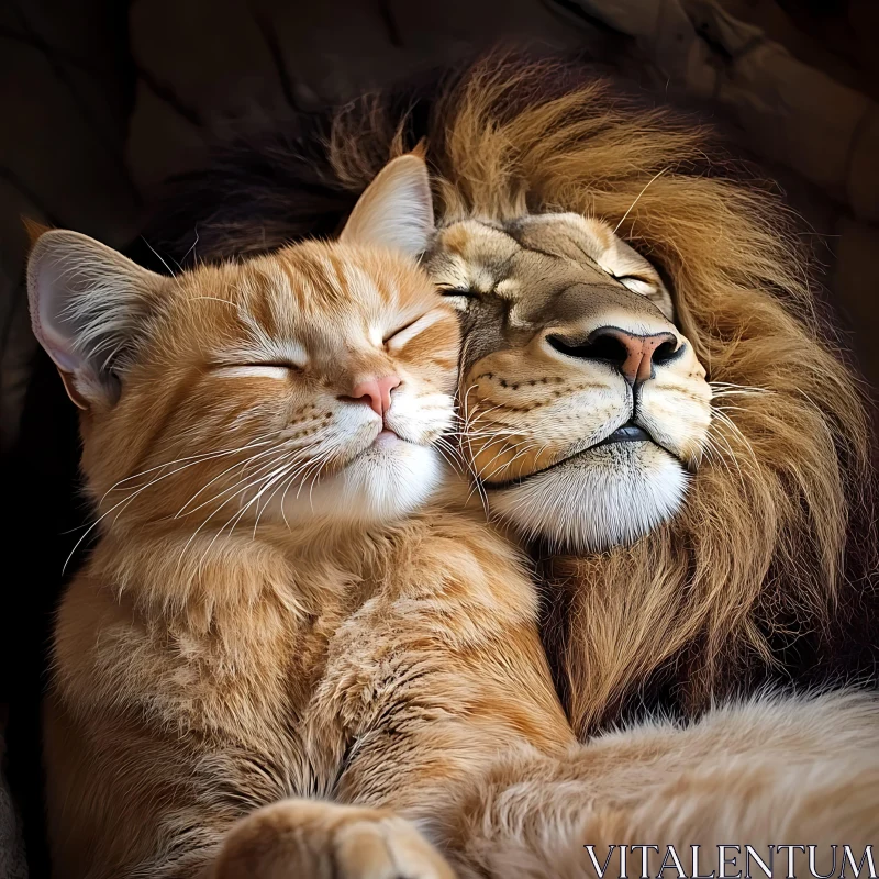 Lion and Domestic Cat Snuggling AI Image