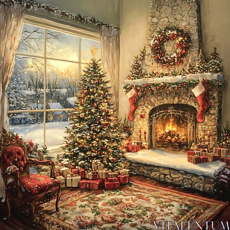 AI ART Festive Holiday Decor with Christmas Tree and Lit Fireplace