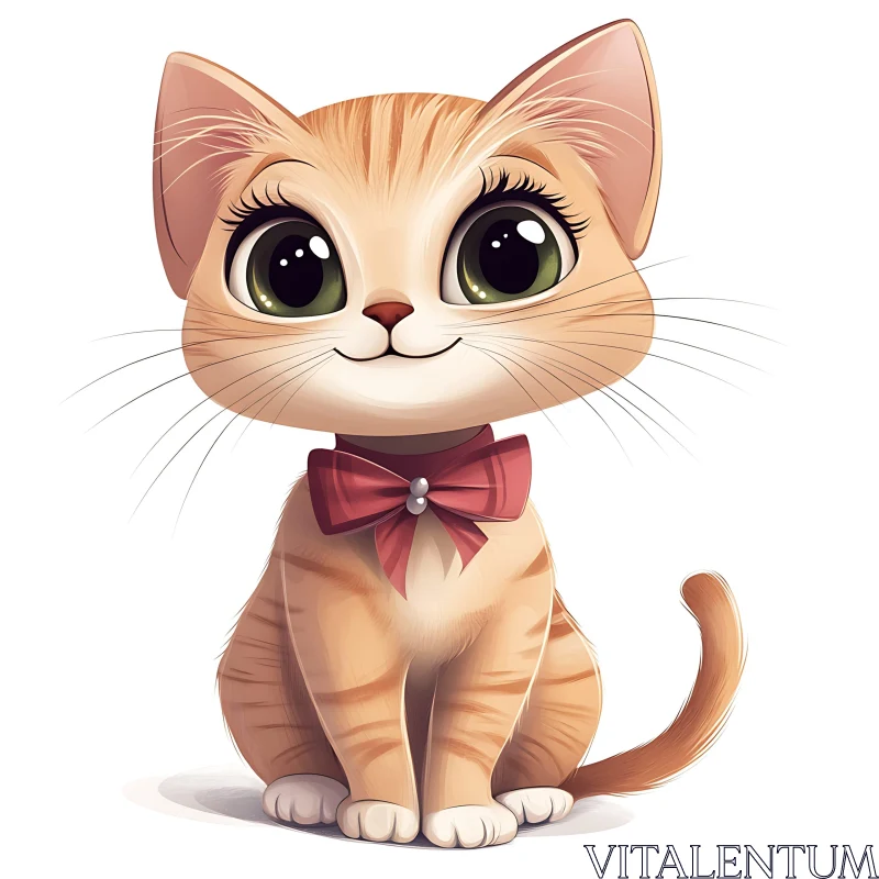 Cute Cartoon Kitten with Bow Tie and Green Eyes AI Image