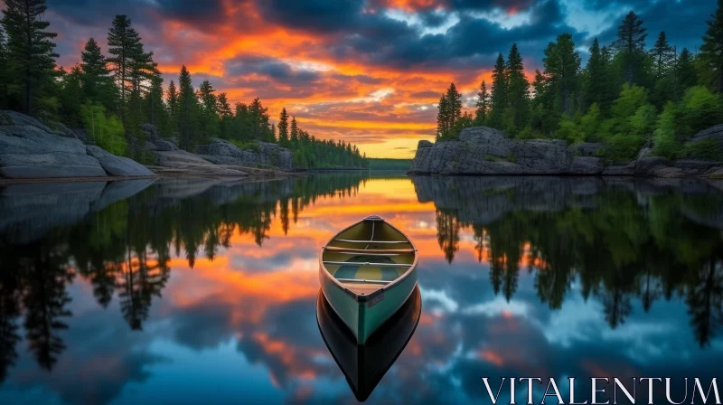 Calm Lake at Sunset: Serene Canoe Floating in Vivid Colors AI Image