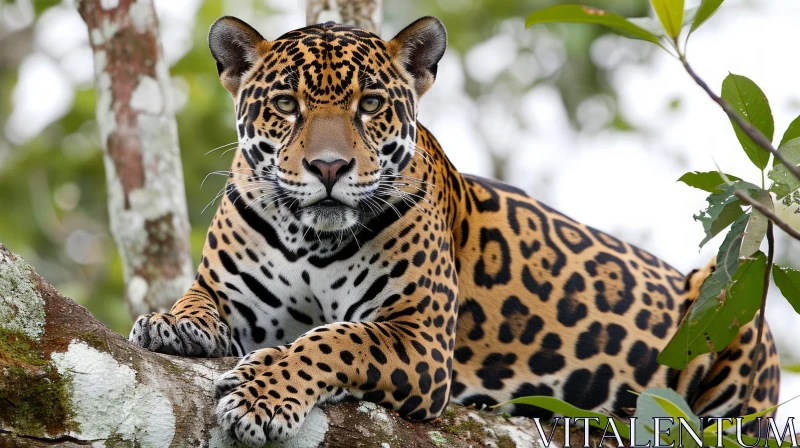 Captivating Jaguar Resting on Tree Branch - Striking Black Spots AI Image