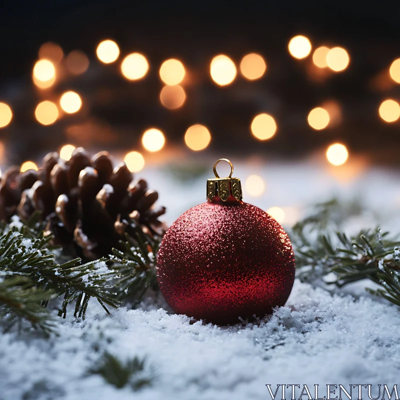 Holiday Decor: Red Bauble in Snowy Setting AI Image