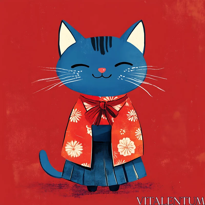 Blue Cat Wearing Traditional Red Floral Kimono AI Image