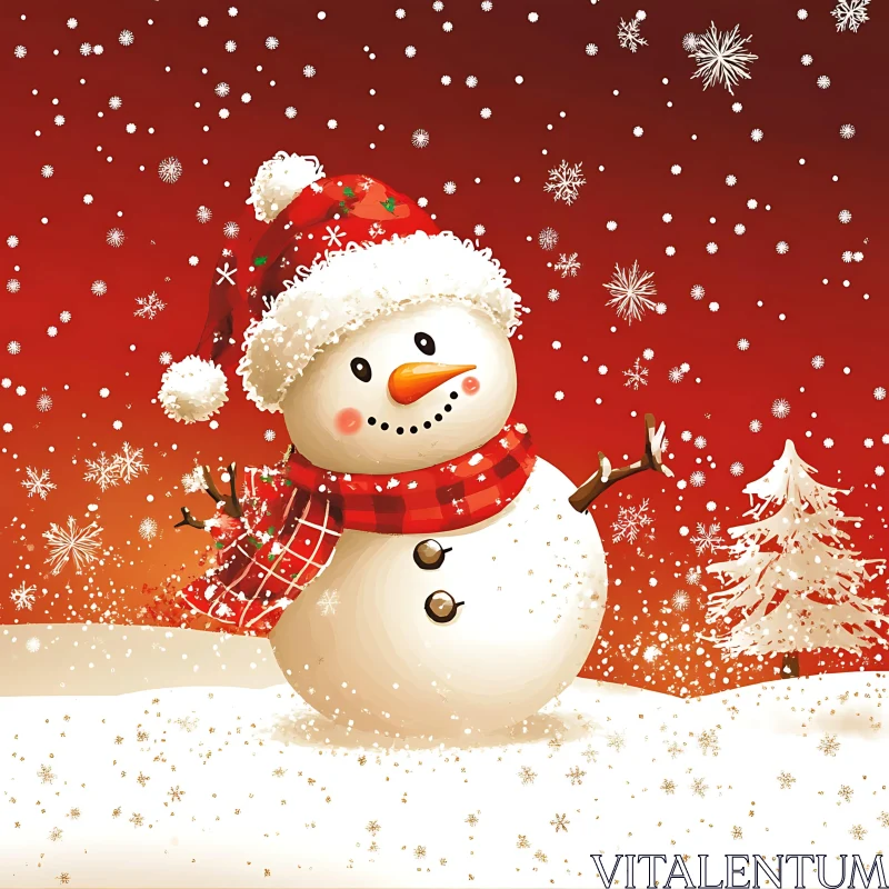 Snowman in a Snowy Holiday Scene with Red Scarf AI Image