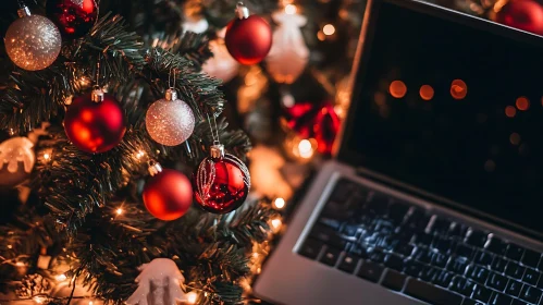 Christmas Tree Adorned with Baubles and Laptop