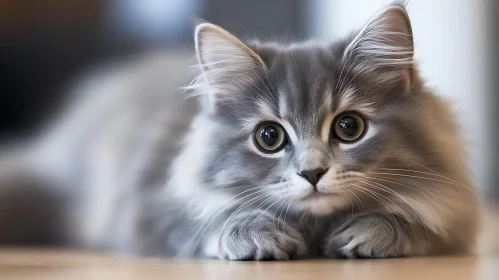 Grey Kitten Lying Down with Big Eyes