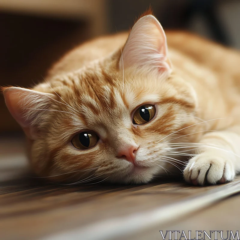 Ginger Cat Resting on Wooden Floor AI Image