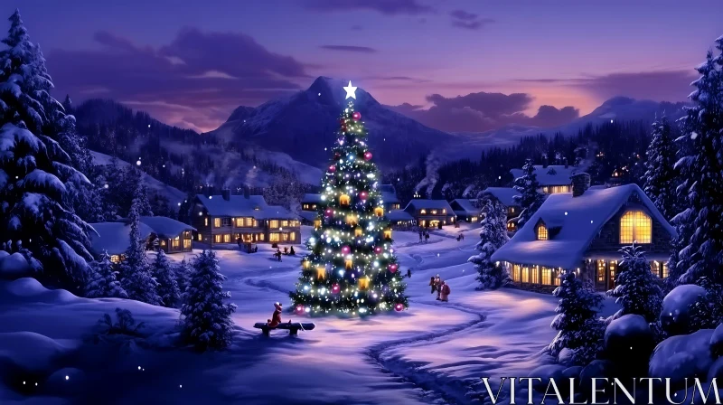 AI ART Snowy Winter Village with Illuminated Christmas Tree