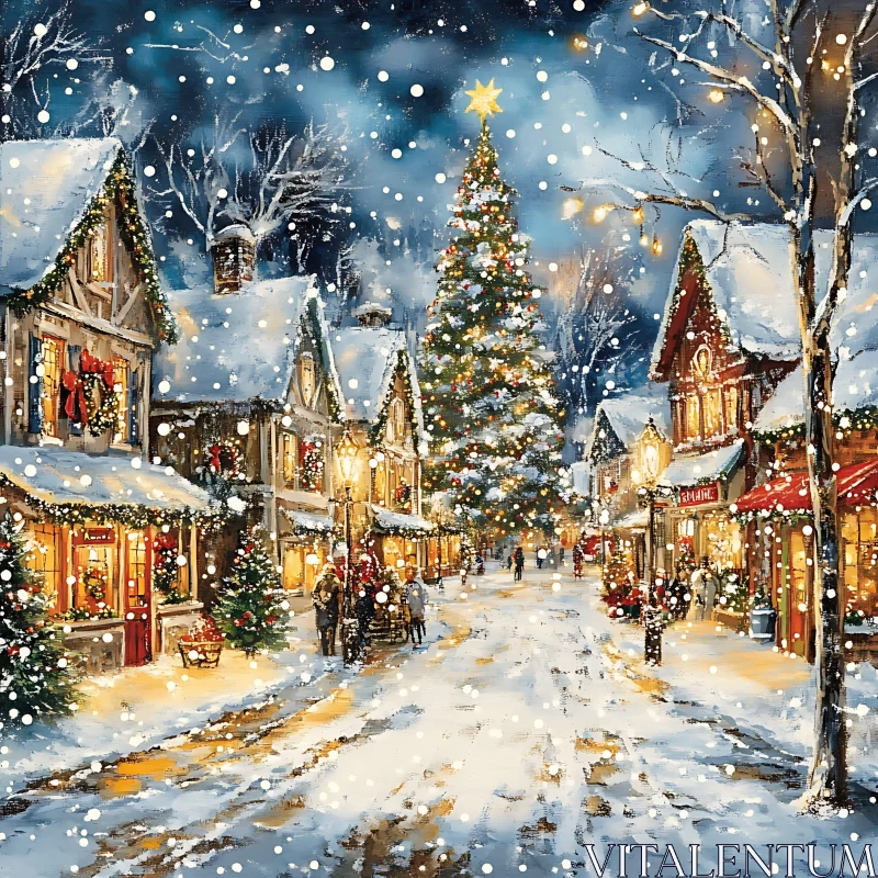 Festive Snowy Village Night AI Image