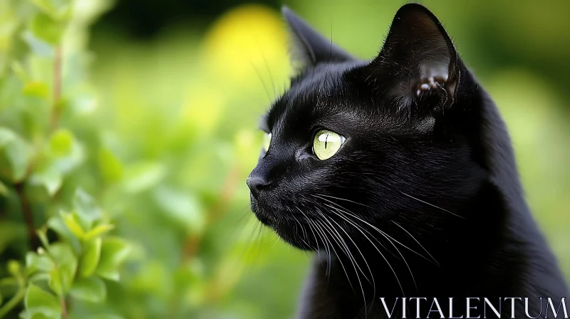 Close View of a Green-Eyed Black Cat Outdoors AI Image