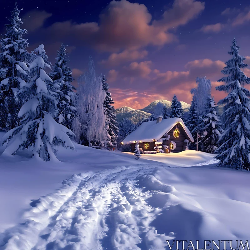 Warm and Inviting Cabin in Winter Wonderland at Twilight AI Image