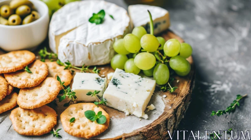Delicious Cheese Board with Grapes, Olives, and Crackers AI Image
