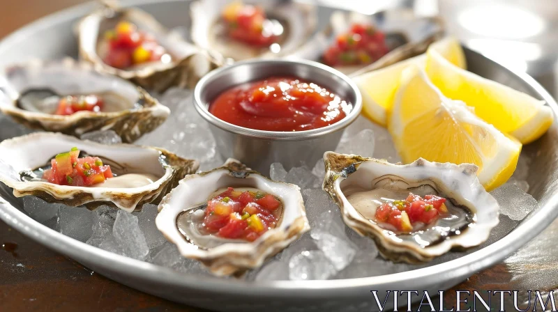 Delicious Opened Oysters with Spicy Tomato Salsa and Lemon Slices AI Image