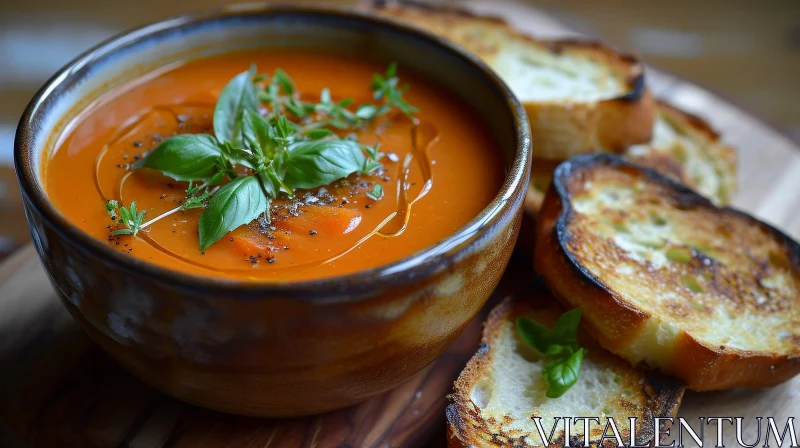 Delicious Tomato Soup with Basil Garnish and Toasted Bread AI Image