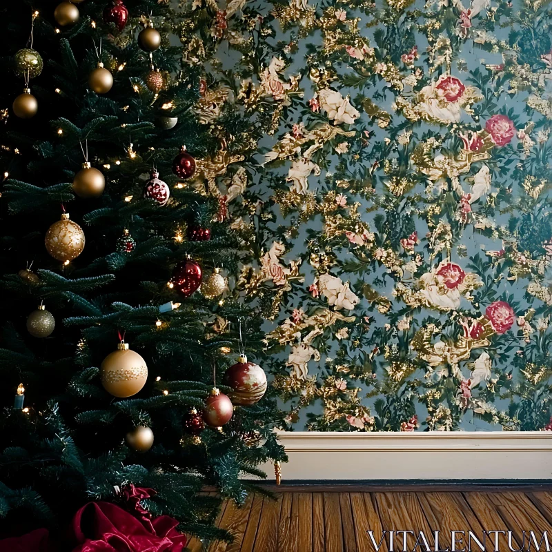 Festive Holiday Decor: Christmas Tree and Elegant Floral Wallpaper AI Image