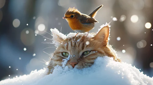 Peaceful Winter Moment: Cat and Bird