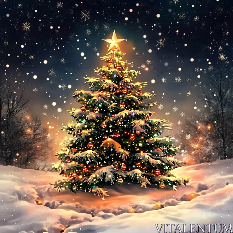 AI ART Festive Decorated Tree in Snow