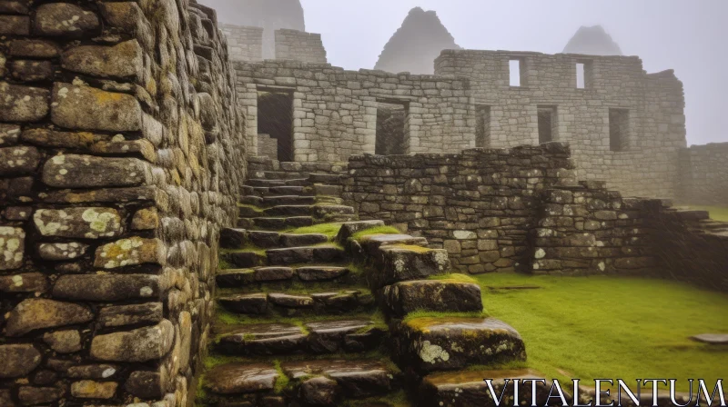 Machu Picchu: Terracotta Tile and Stone Staircases in Misty Atmosphere AI Image