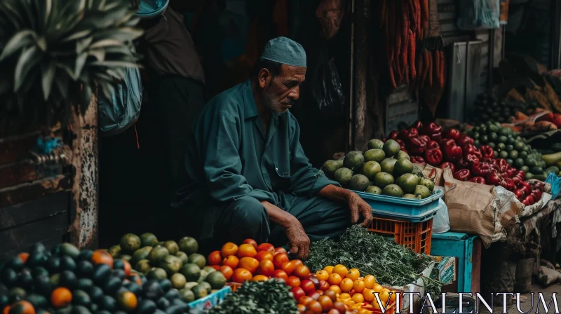 Man Sitting in a Market Surrounded by Fruit and Vegetables AI Image