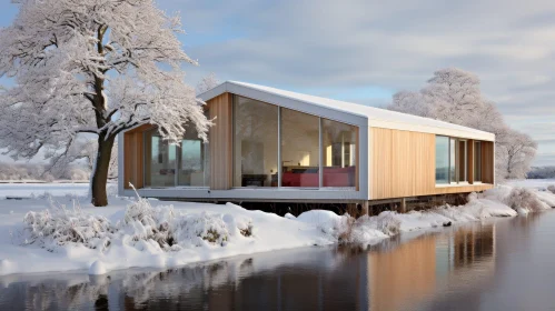 Modern House in Winter Forest by River
