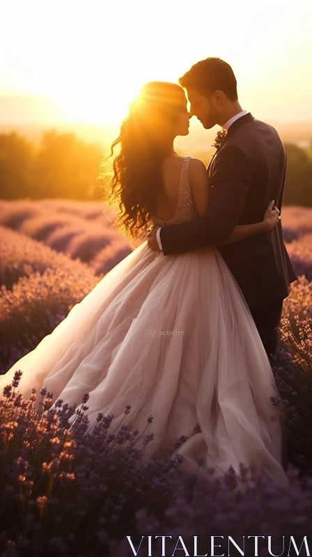 Romantic Wedding Photoshoot in Lavender Field at Sunset AI Image