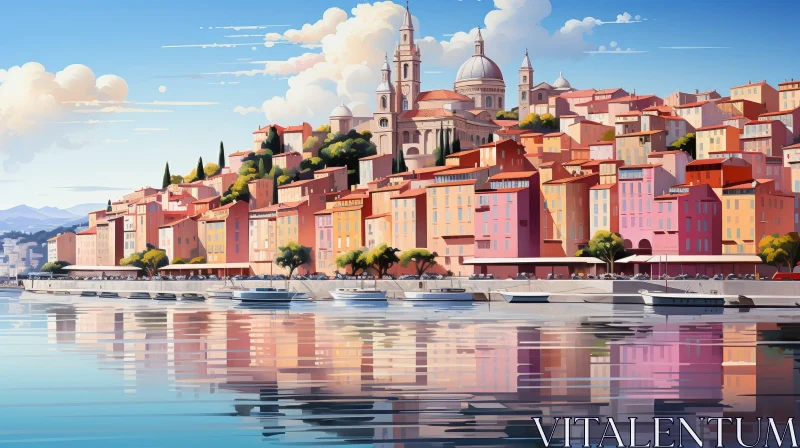 AI ART Serene Coastal Town Painting - Tranquil Sea View