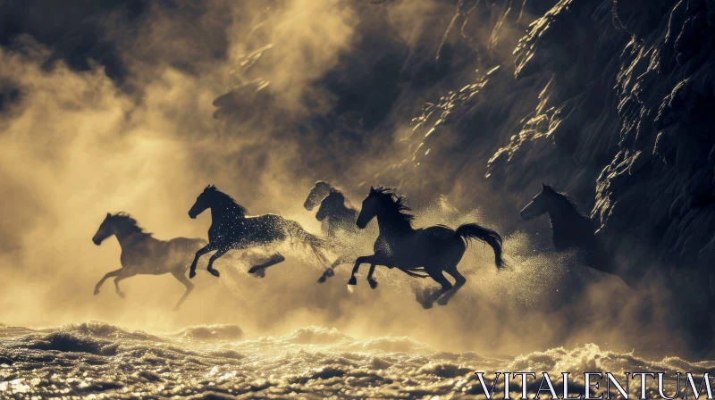 Wild Horses Running Through a River - Captivating Nature Photography AI Image