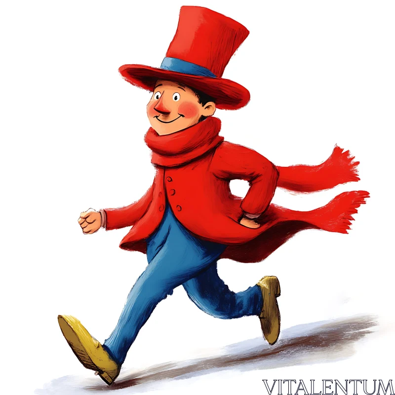 Running Cartoon Character with Red Coat and Top Hat AI Image